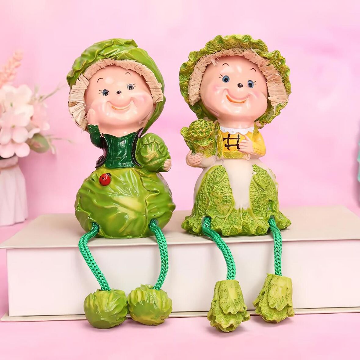 Ayakları Sallanan Yeşil Lahana Kafalar Biblo Dekoratif Obje Hediye Ürün Vitrin Süsü Ev Hediyesi 24cm