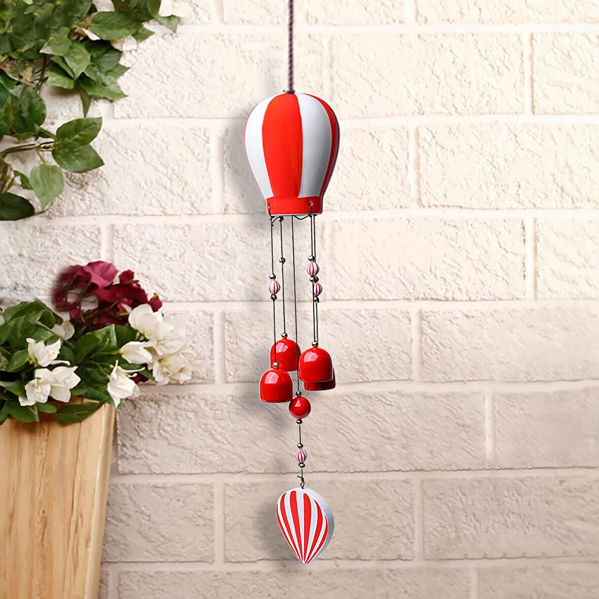 Lüks İşlemeli Seramik Uçan Balon Tasarımlı Rüzgar Çanı Kapı Balkon Bahçe Duvar Süsü Ev Hediyesi 40cm