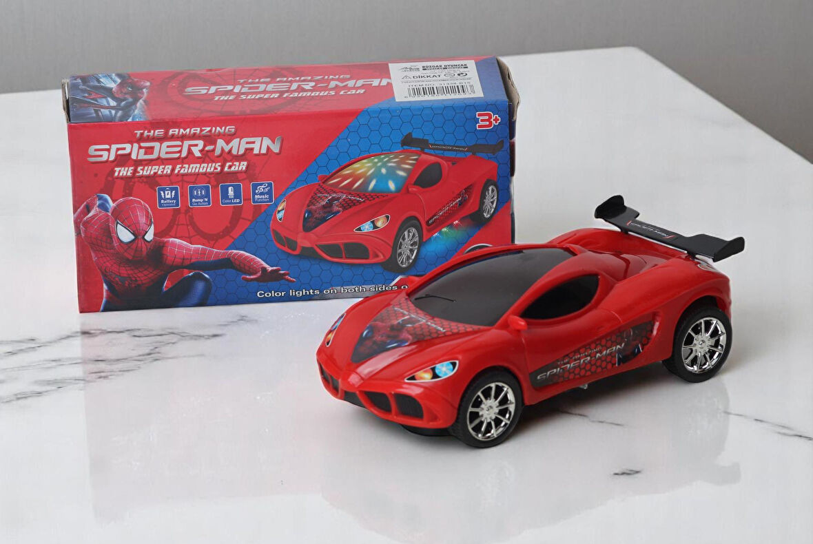 Flaş Led Işıklı Sesli Müzikli Pilli Çarpınca Dönen Spider-man Örümcek Adam Oyuncak Araba Kırmızı 20c