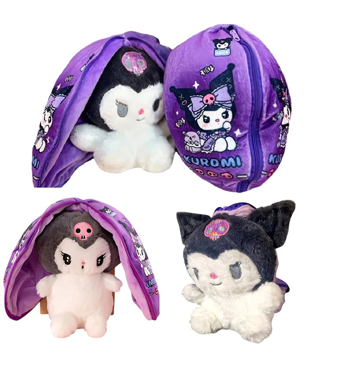 Sanrio Kuromi Peluş Oyuncak 35cm Fermuarlı Koza Sürpriz Dizayn İthal Kumaş Oyun & Uyku Arkadaşı