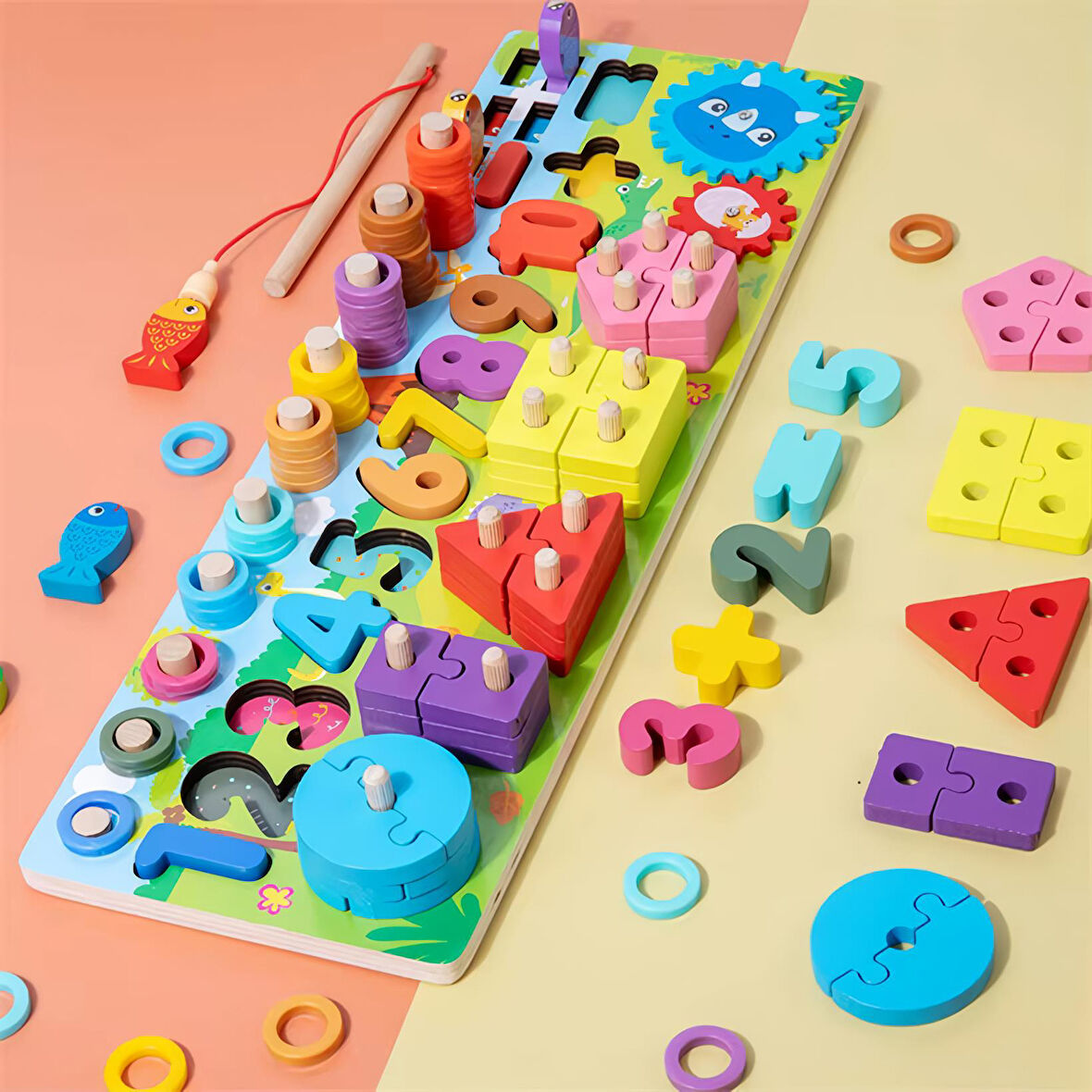 Montessori 5i 1 Arada Ahşap Eğitici Oyuncak Seti Balık Tutma Şekil Sayılar Motor Beceri Geliştirici