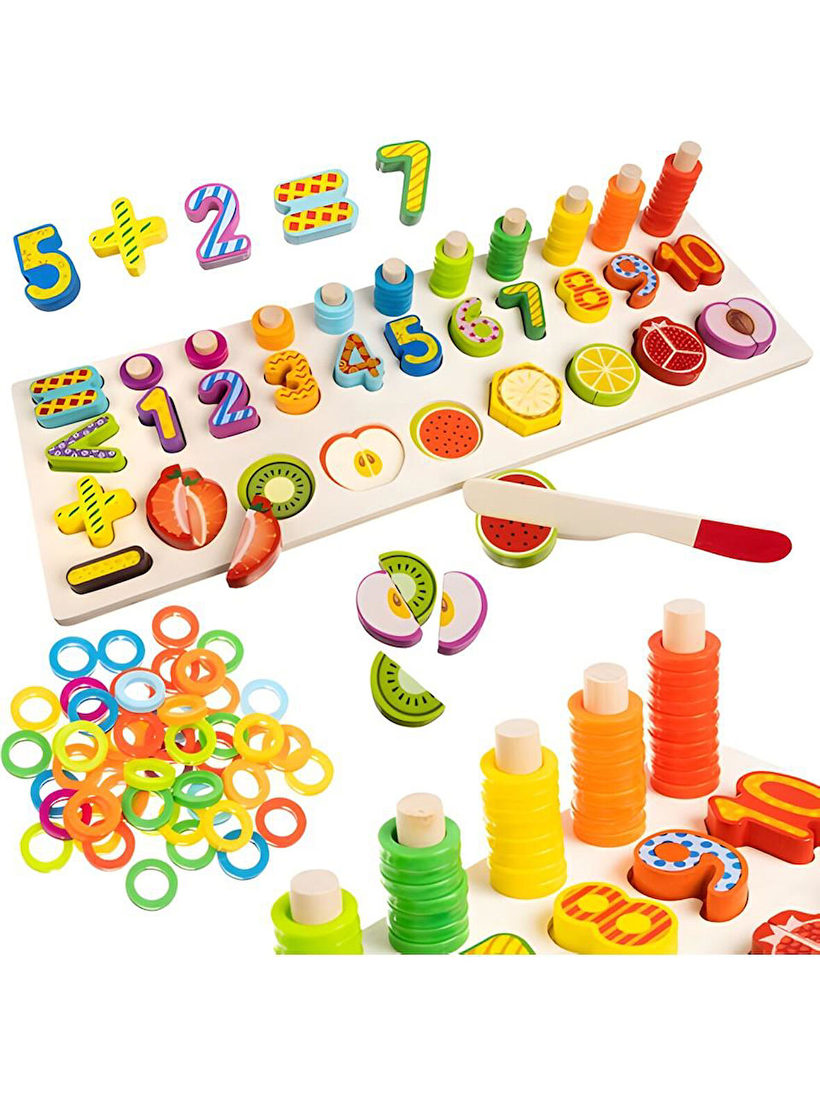 Montessori Ahşap Eğitici Meyve Doğrama Tanıma Oyuncak Seti Sayılar Halkalar Meyveler Motor Becerisi
