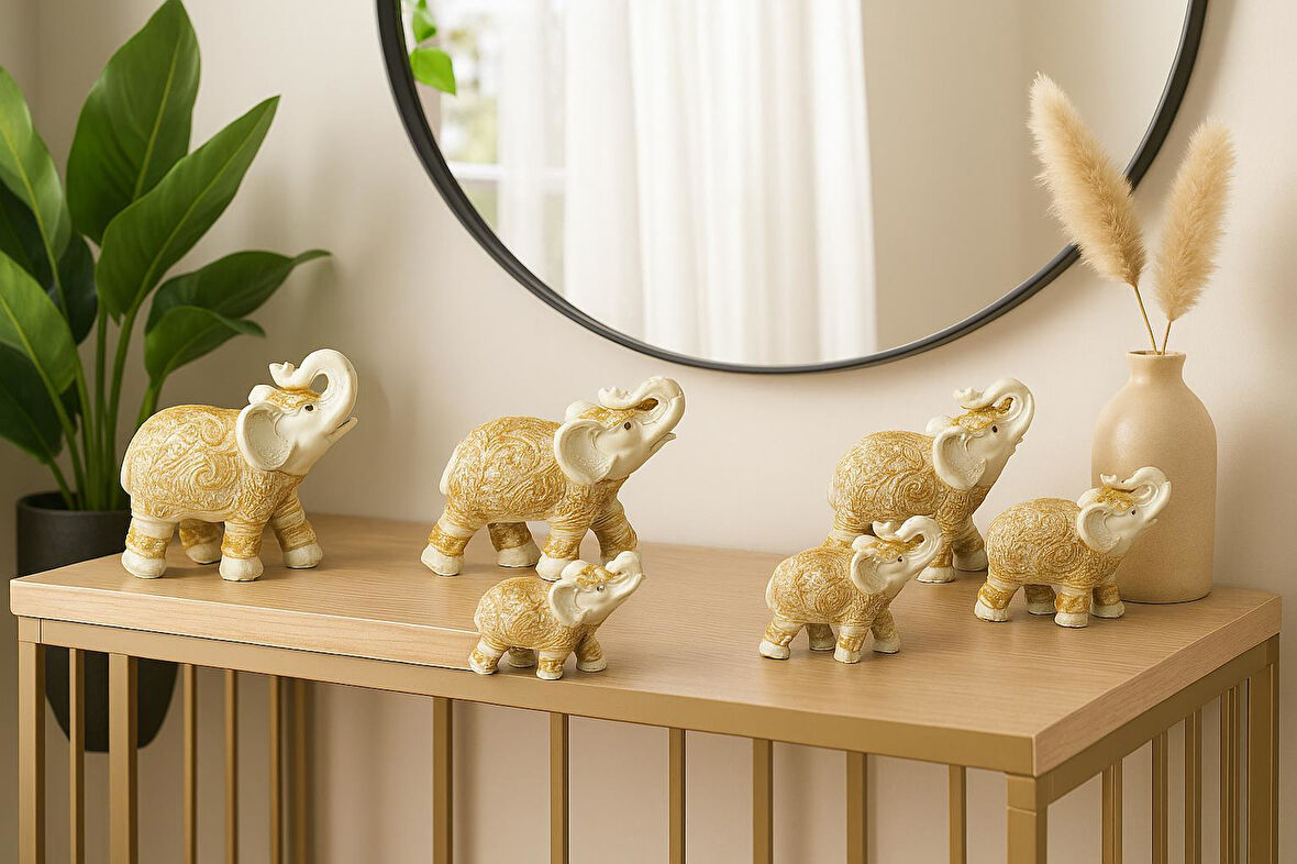 Lüks Motif İşlemeli Feng Shui 7’li Şans Bereket Fil Heykeli Biblo Seti Ev Ofis Yeni Yıl Hediyesi 3