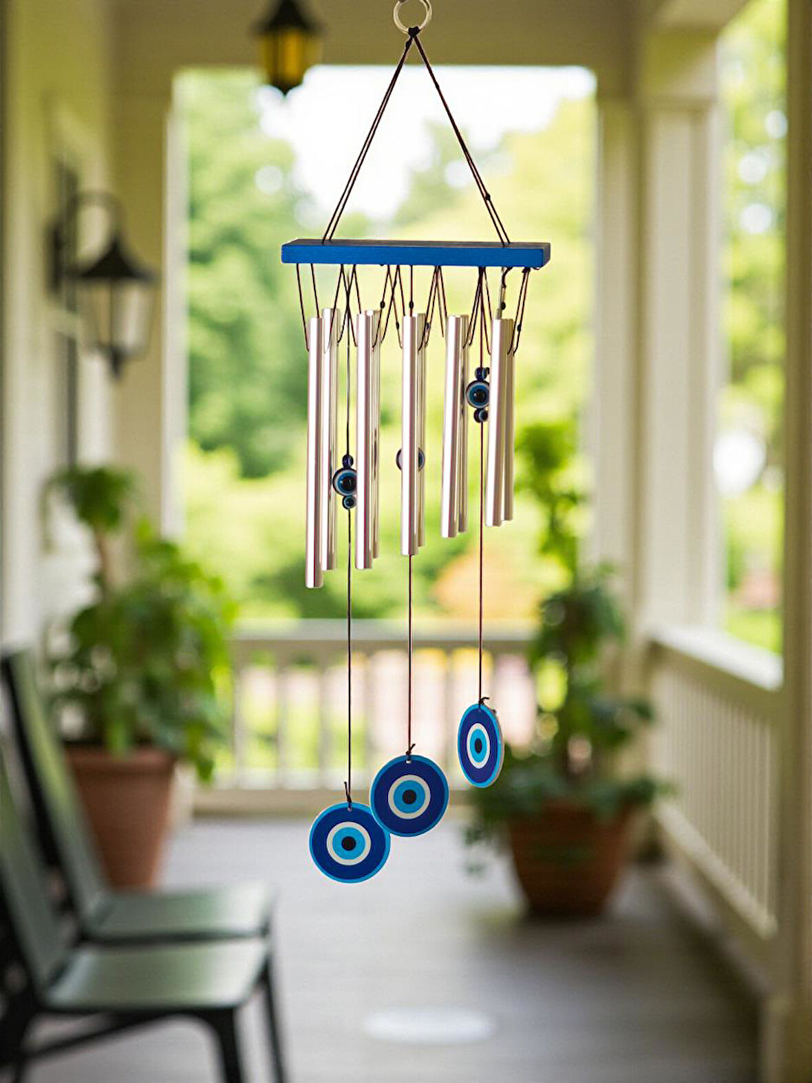 Feng Shui Nazar Boncuğu Rüzgar Çanı Metal Kötü Göze Karşı Dış Mekan Dekoratif Bahçe Kapı Süsü 52 cm.