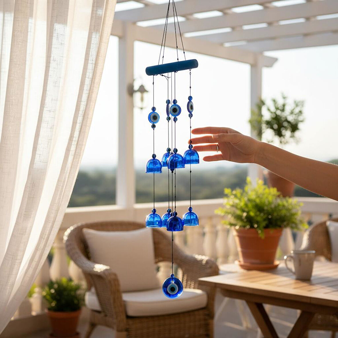 Feng Shui Nazar Boncuğu Rüzgar Çanı Metal Kötü Göze Karşı Dış Mekan Dekoratif Bahçe Kapı Süsü 65 cm.