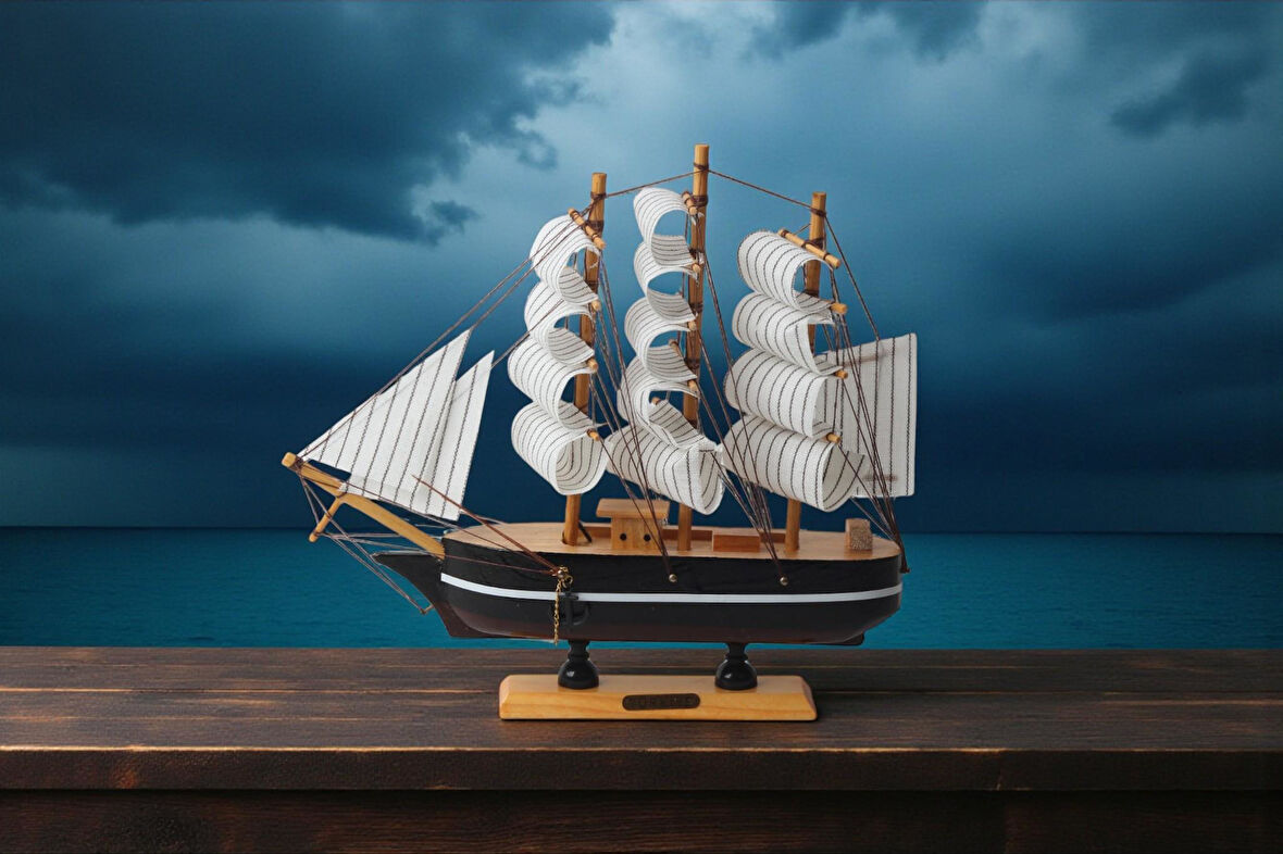Dekoratif Ahşap El Yapımı Yelkenli Gemi Maketi Masaüstü Biblo Ev Ofis Hediyesi 24 cm. Model A