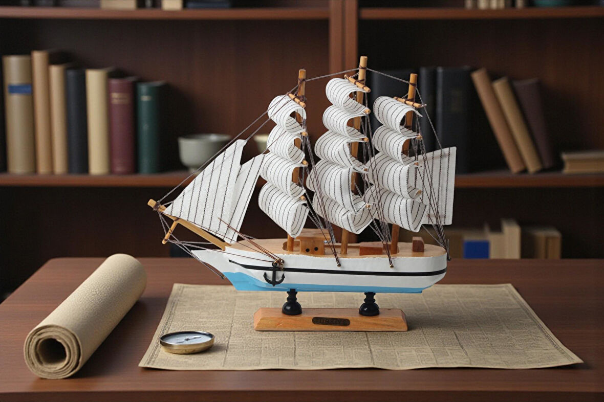 Dekoratif Ahşap El Yapımı Yelkenli Gemi Maketi Masaüstü Biblo Ev Ofis Hediyesi 24 cm. Model B