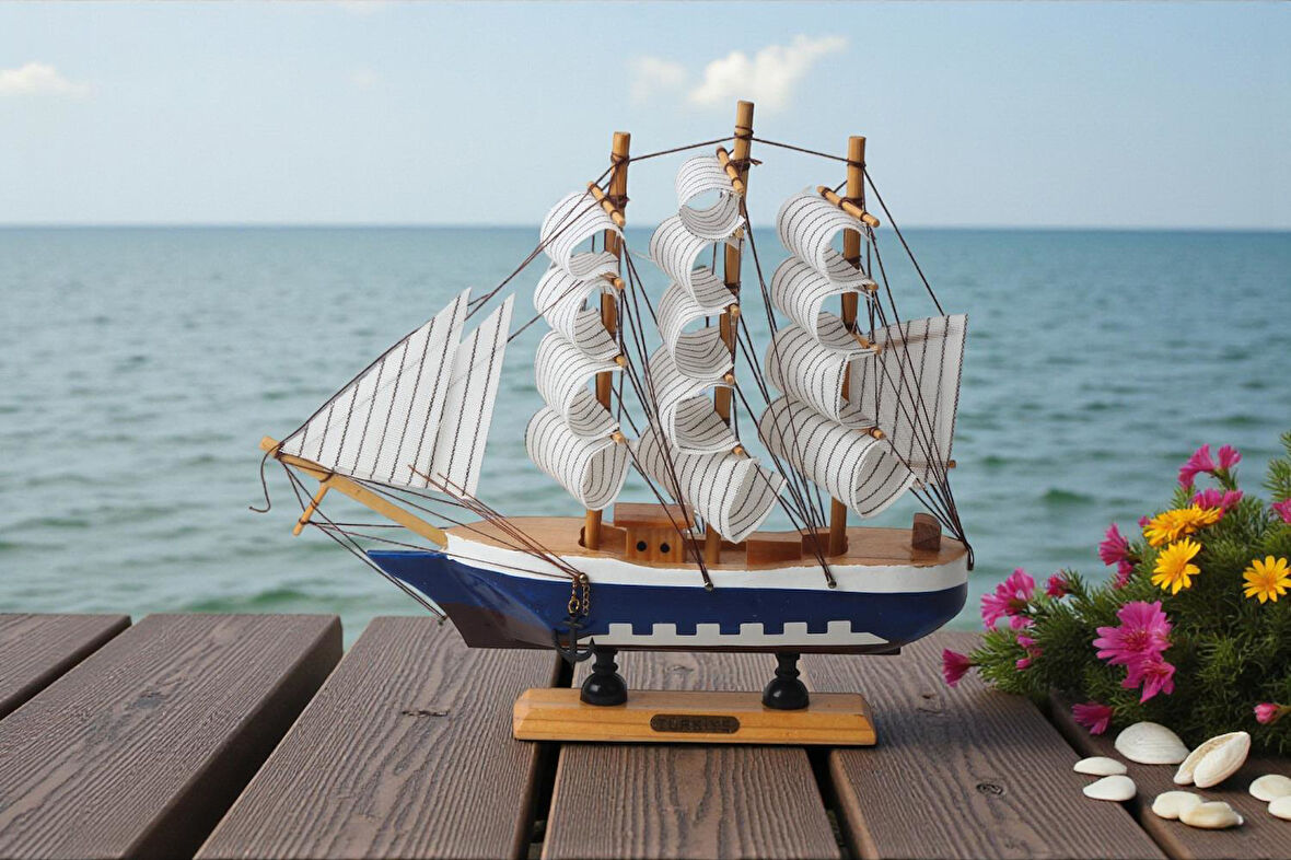 Dekoratif Ahşap El Yapımı Yelkenli Gemi Maketi Masaüstü Biblo Ev Ofis Hediyesi 24 cm. Model C