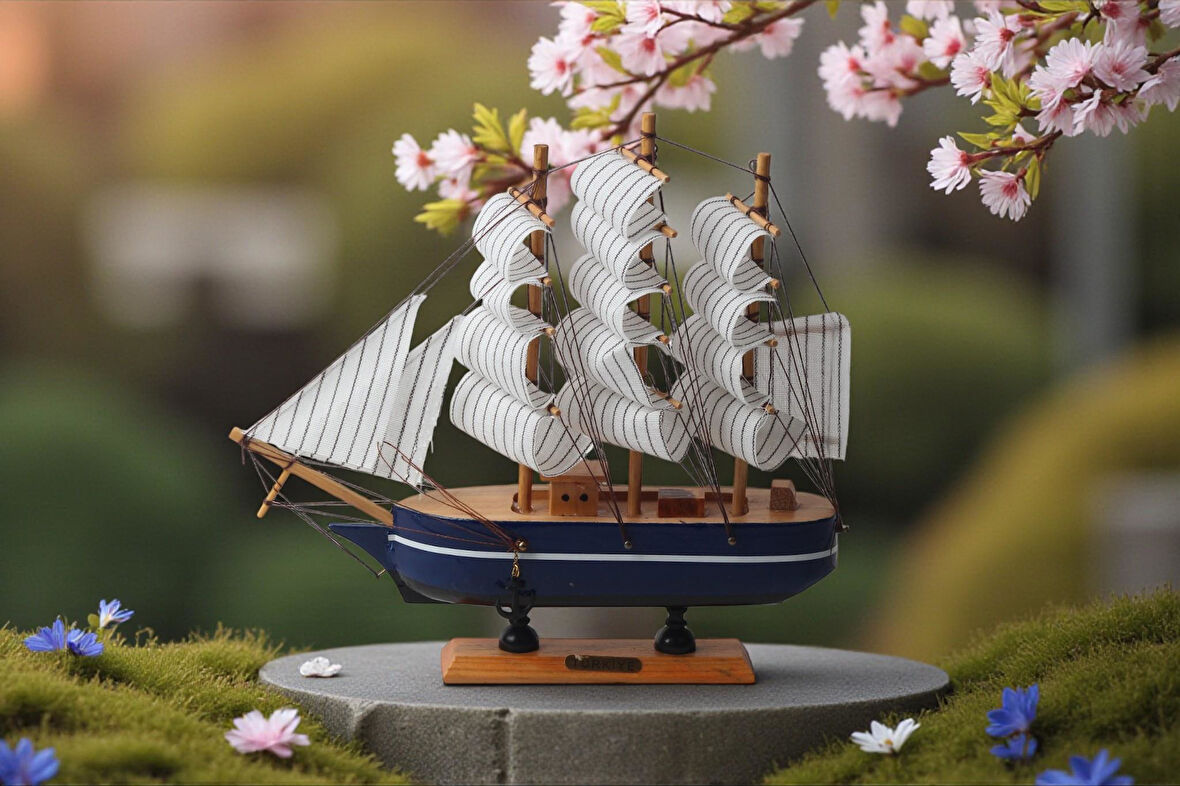 Dekoratif Ahşap El Yapımı Yelkenli Gemi Maketi Masaüstü Biblo Ev Ofis Hediyesi 24 cm. Model D