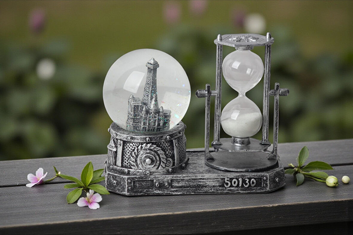 Paris Eyfel Temalı Işıklı Retro Kar Küresi & Kum Saati Dekoratif Masaüstü Biblo Ev Ofis Hediyelik