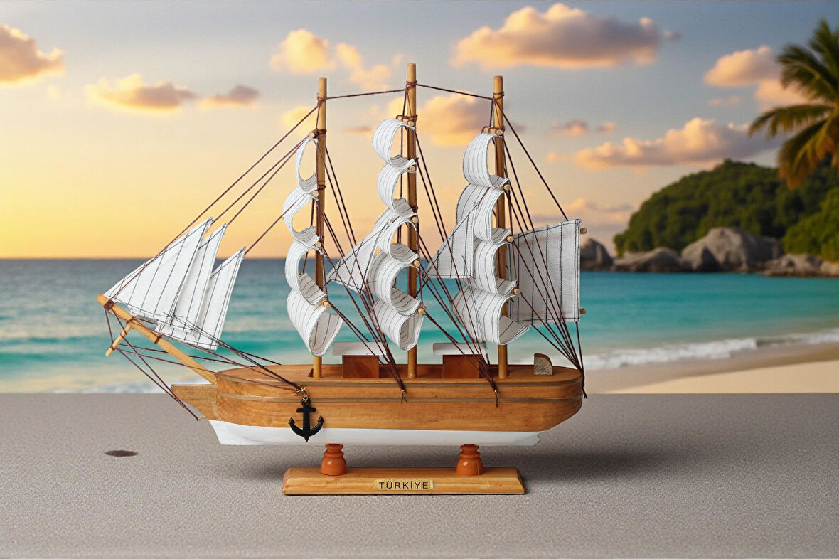 Dekoratif Ahşap El Yapımı Yelkenli Gemi Maketi Masaüstü Biblo Ev Ofis Hediyesi 40 cm. Model A