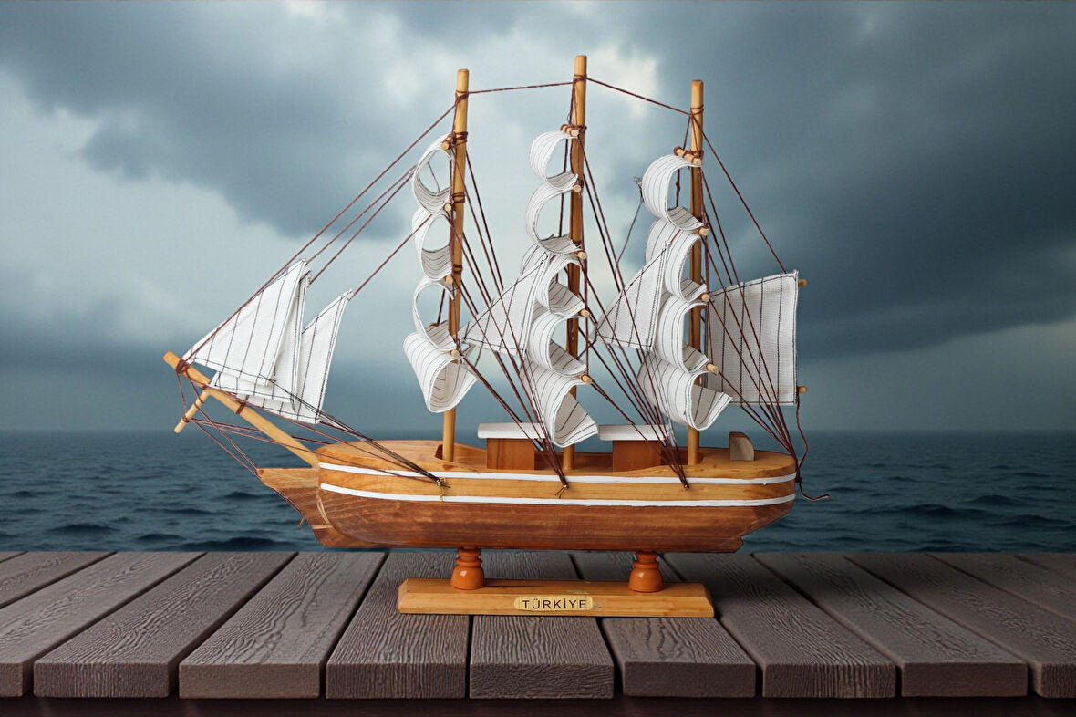 Dekoratif Ahşap El Yapımı Yelkenli Gemi Maketi Masaüstü Biblo Ev Ofis Hediyesi 40 cm. Model B