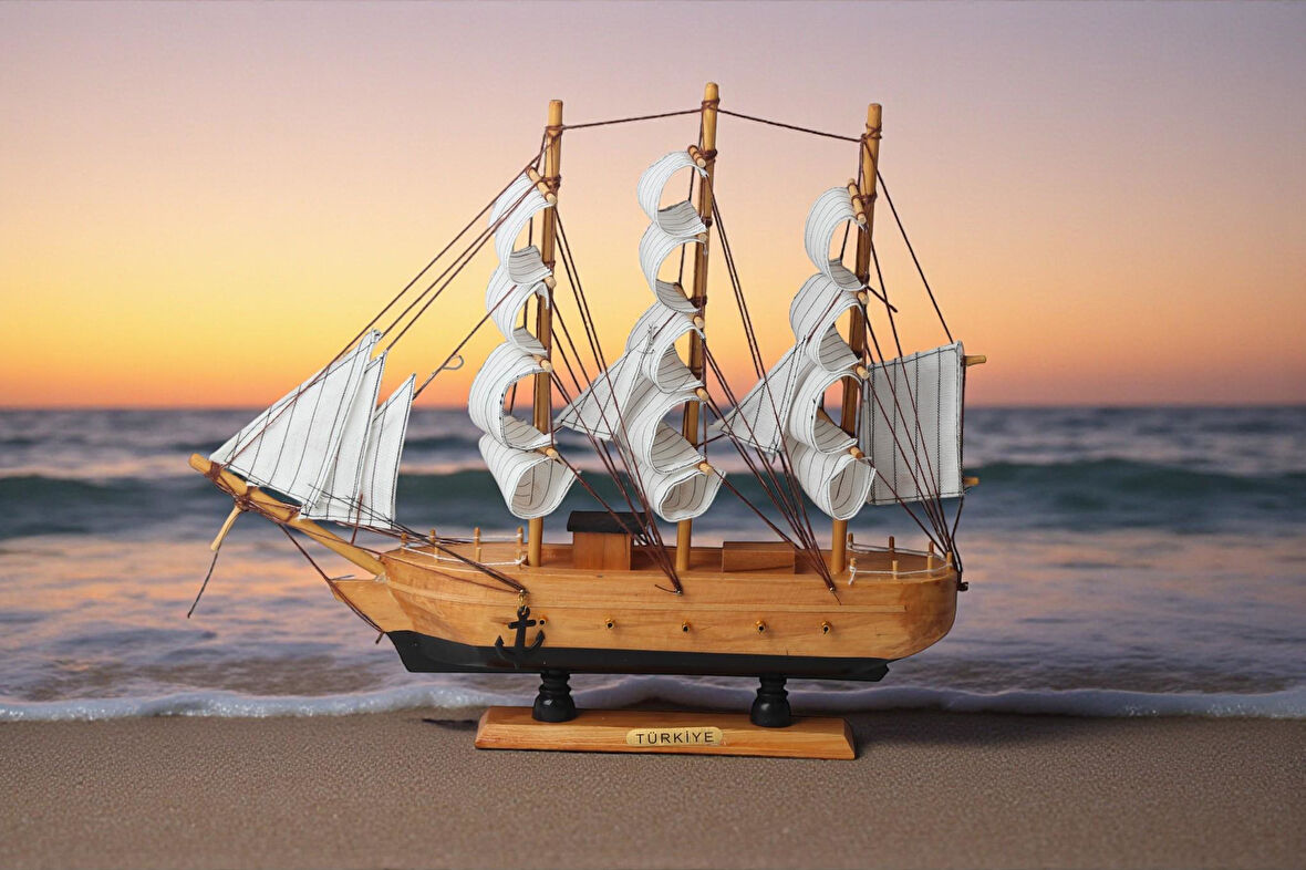 Dekoratif Ahşap El Yapımı Yelkenli Gemi Maketi Masaüstü Biblo Ev Ofis Hediyesi 40 cm. Model D