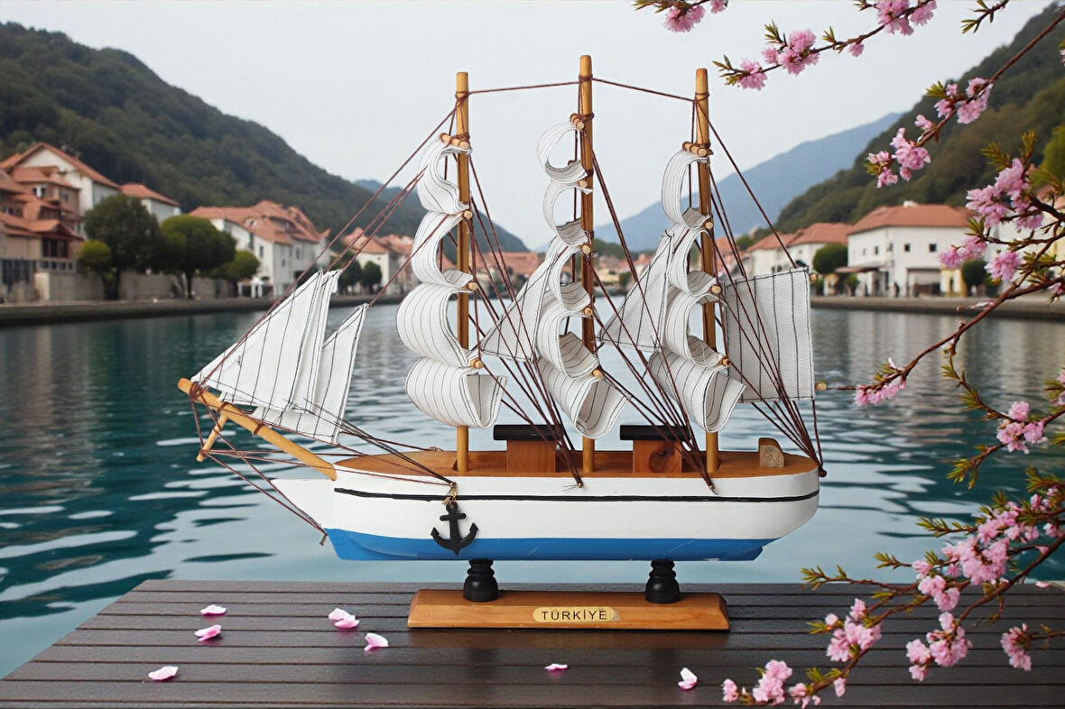 Dekoratif Ahşap El Yapımı Yelkenli Gemi Maketi Masaüstü Biblo Ev Ofis Hediyesi 40 cm. Model F