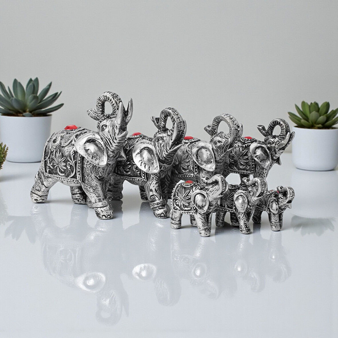 Lüks Motif İşlemeli Feng Shui 7’li Şans Bereket Fil Heykeli Biblo Seti Ev Ofis Yeni Yıl Hediyesi 7