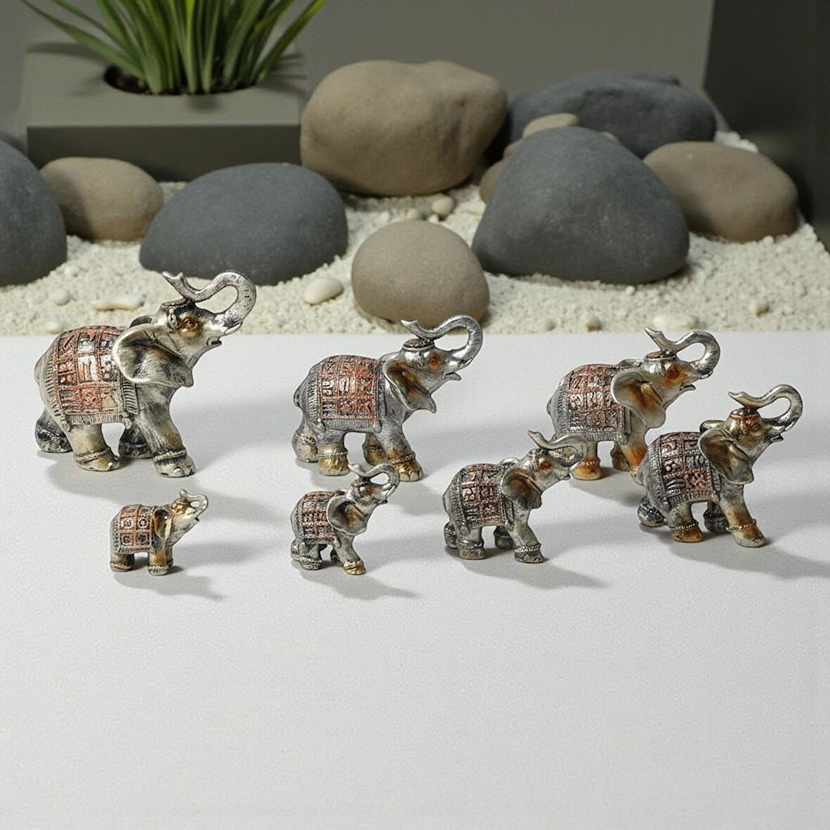 Lüks Motif İşlemeli Feng Shui 7’li Şans Bereket Fil Heykeli Biblo Seti Ev Ofis Yeni Yıl Hediyesi 8