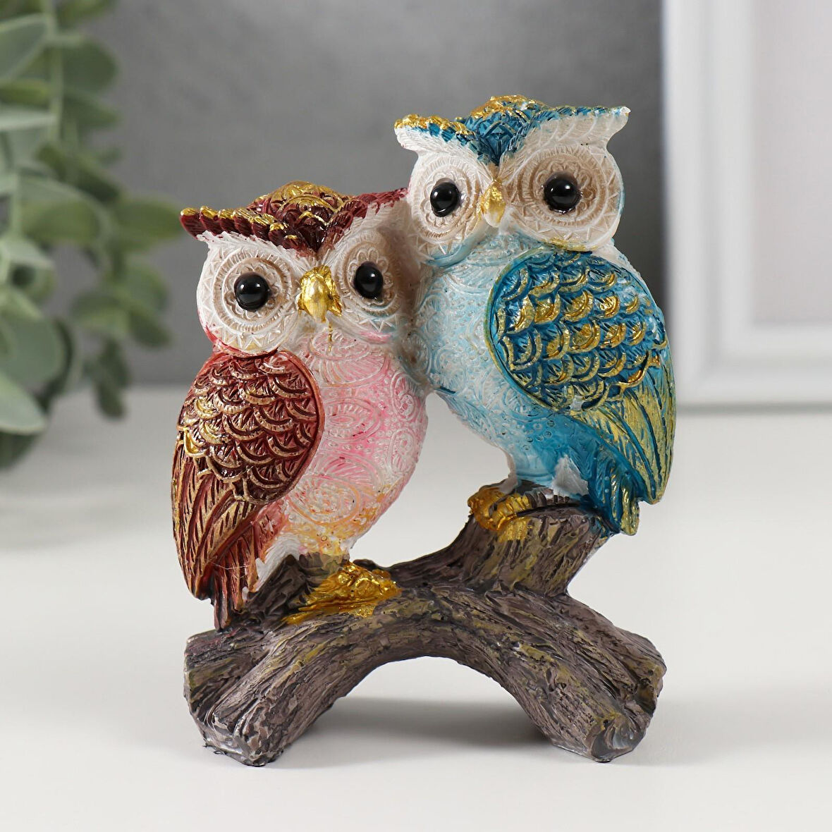 Lüks İşlemeli Canlı Renkli Dal Üzerinde İkili Baykuş Çift Heykeli Dekoratif Biblo Ev & Ofis Hediyesi