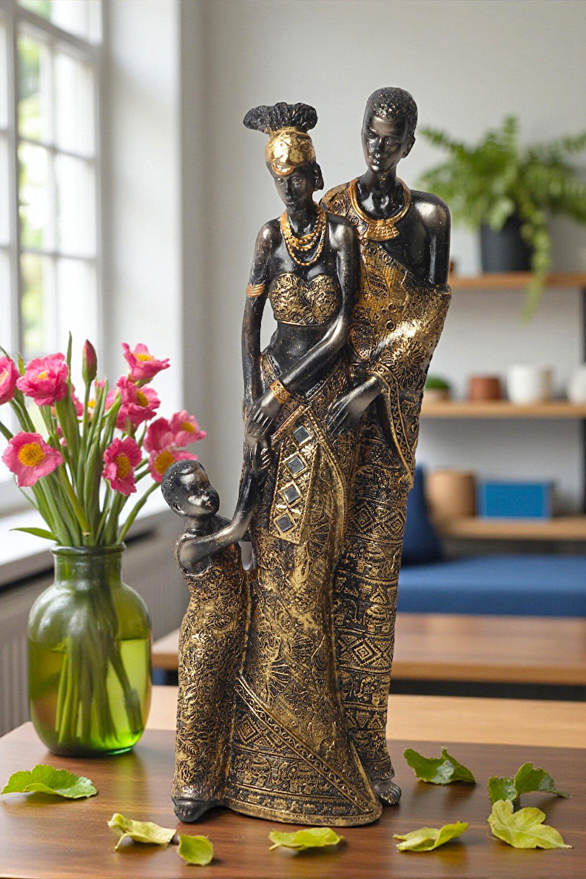 Lüks İşlemeli Geleneksel Yerel Kıyafetli Afrikalı Aile Heykeli Dekoratif Biblo Ev Ofis Hediyesi Mdl1