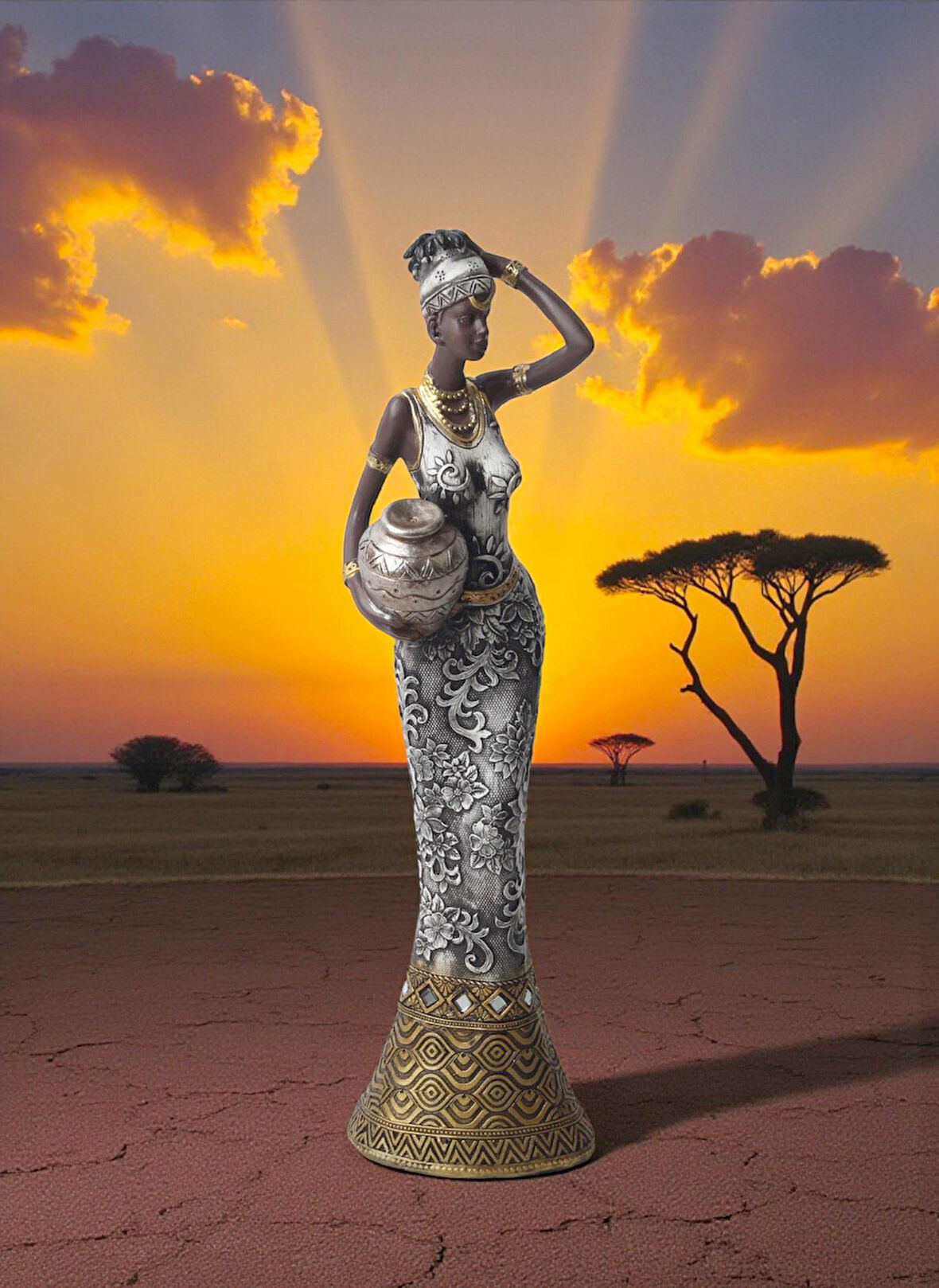 Lüks İşlemeli Geleneksel Yerel Kıyafetli Afrikalı Kadın Heykeli Dekoratif Biblo Ev Ofis Hediyesi Md3