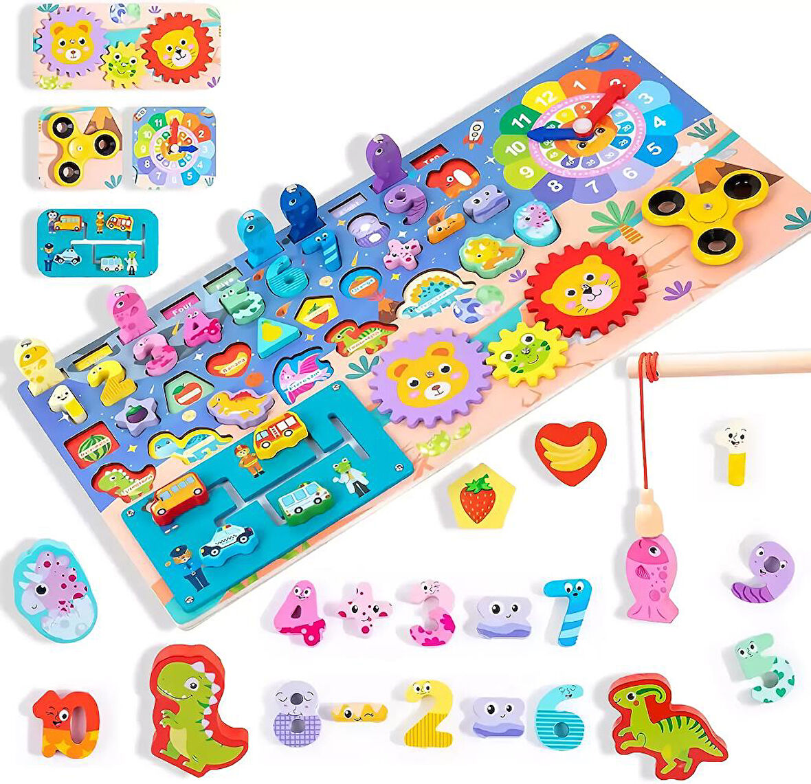 Montessori 5’i 1 Arada Ahşap Öğretici Eğitici Oyuncak Seti Balık Tutma Şekiller Sayılar Halkalar