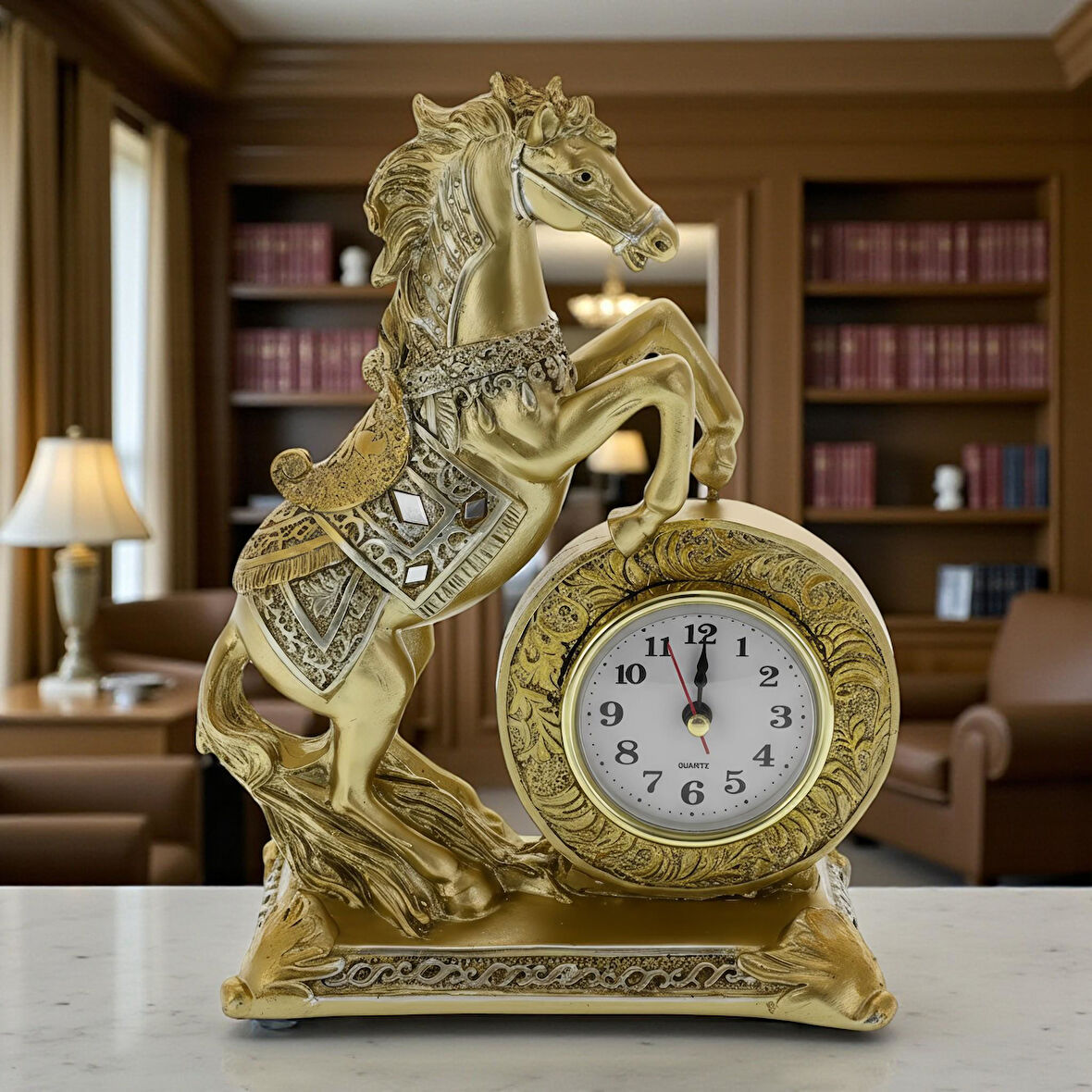 Lüks İşlemeli Saatli At Heykeli Dekoratif Masaüstü Biblo Ev & Ofis Hediyesi 16 cm. Yeni Yıl Hediyesi
