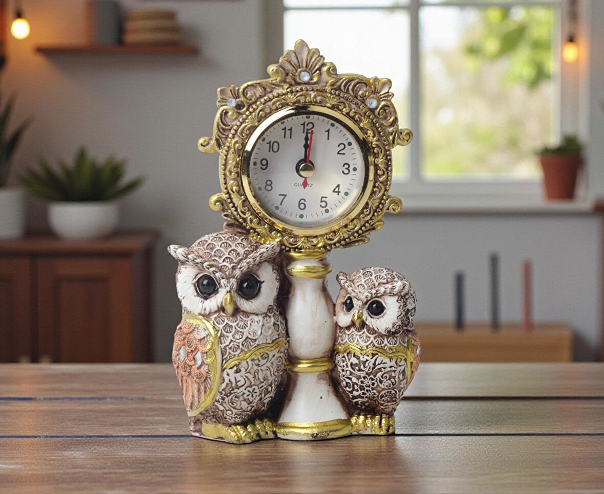 Lüks İşlemeli Saatli 2'li Baykuş Heykeli Dekoratif Masaüstü Biblo Yeni Yıl Ev & Ofis Hediyesi 17 cm.