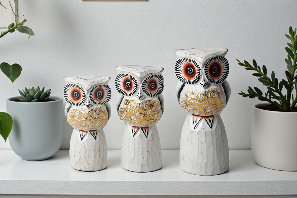 El Yapımı Doğal Ahşap 3’lü Baykuş Heykel Biblo Seti Yeni Yıl Ev Ofis Hediyesi Raf Vitrin Bahçe Süsü