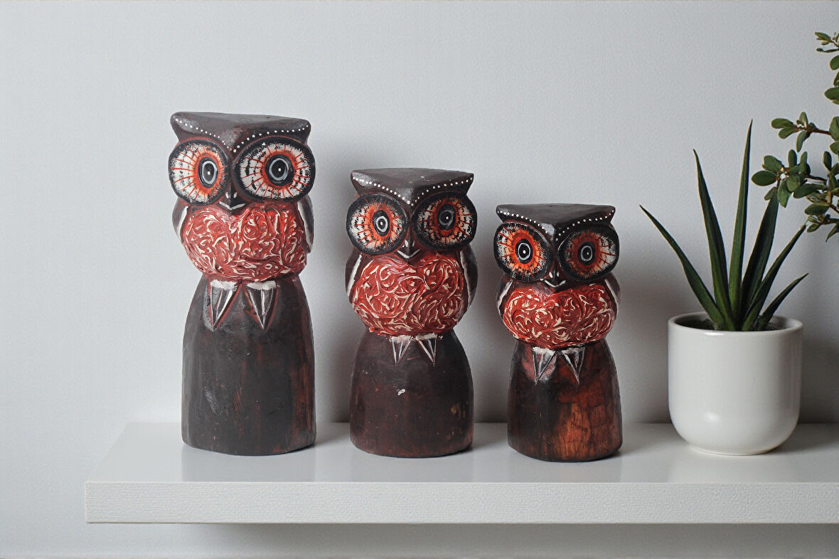 El Yapımı Doğal Ahşap 3’lü Baykuş Heykel Biblo Seti Yeni Yıl Ev Ofis Hediyesi Raf Vitrin Bahçe Süsü