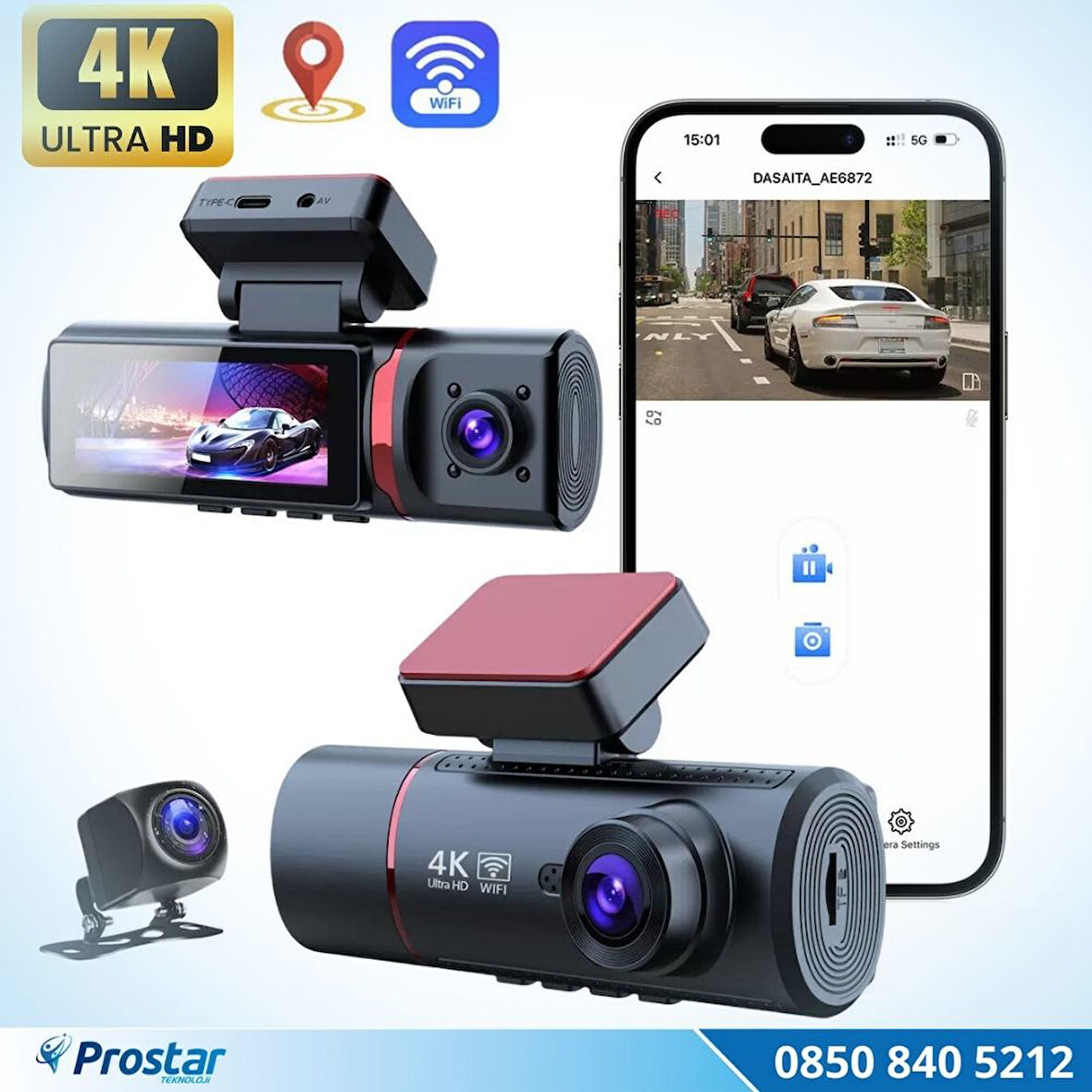 3 Kameralı 4K Ultra HD Ön, iç ve Arka Wifi GPS G-Sensör Park Modu Dashcam Kamera