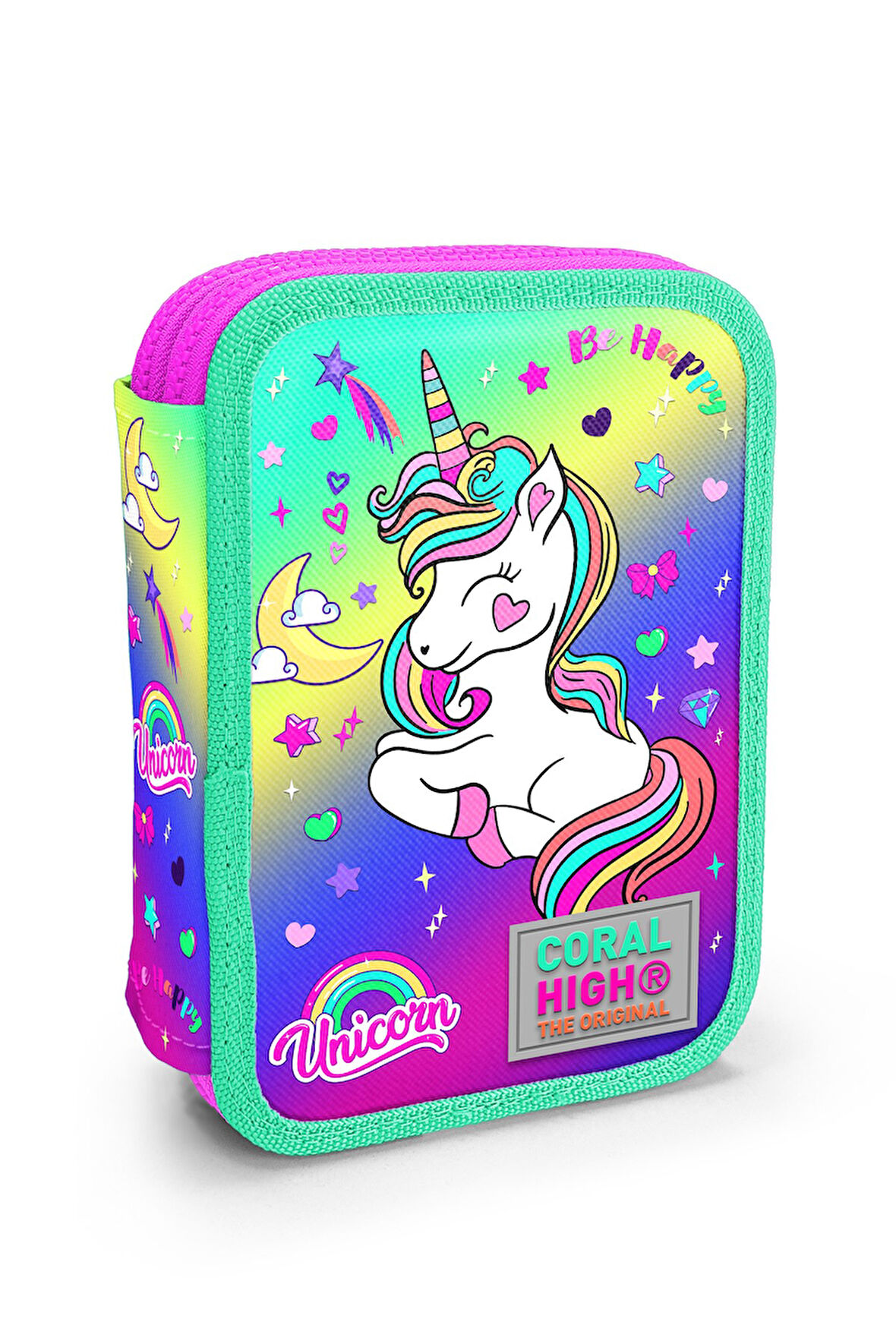 Coral High Kids Lavanta Su Yeşili Unicorn Desenli Çift Katlı Kalem Çanta 11129