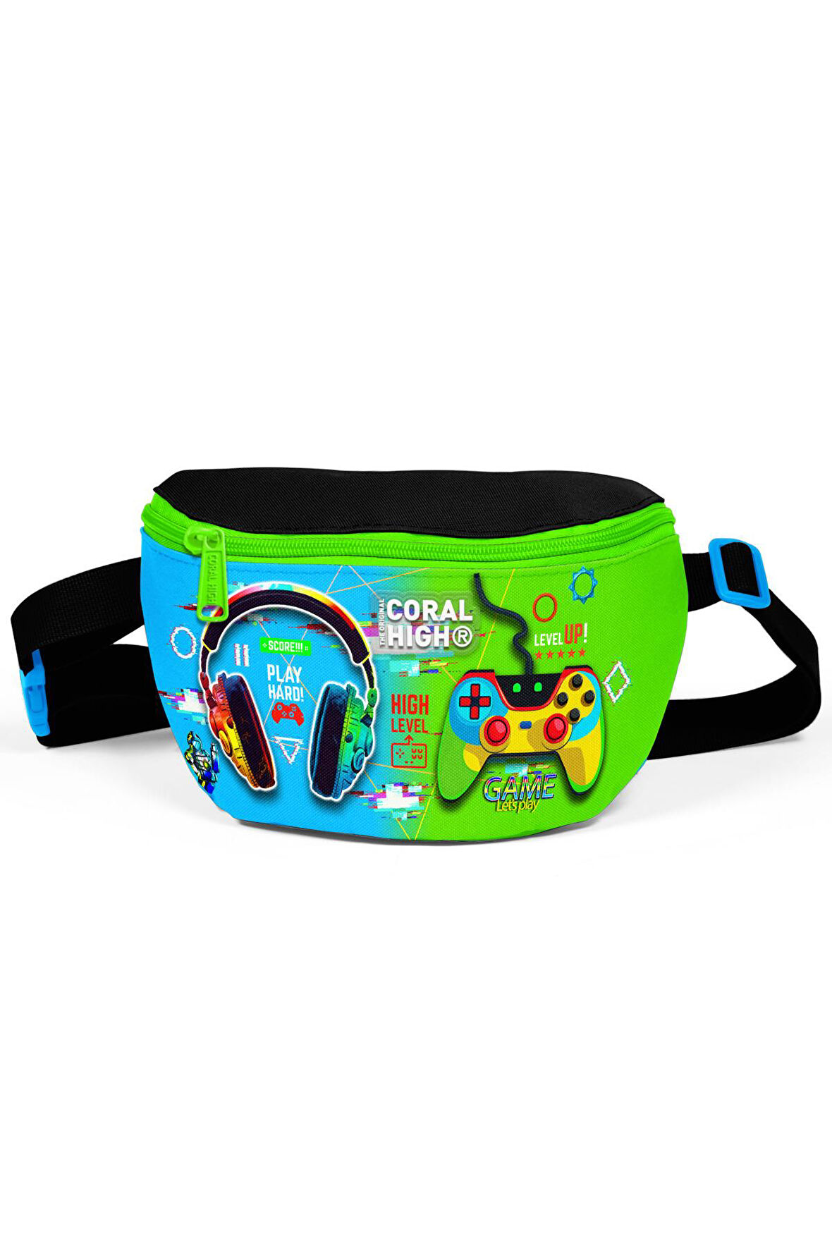 Coral High Kids Siyah Fosforlu Yeşil Kulaklık Game Desenli Bel Çantası 11559