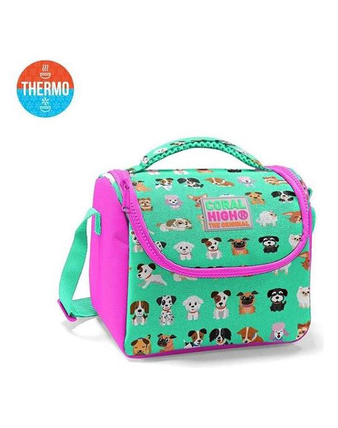 Coral High Su Yeşili Pembe Köpek Desenli Thermo Beslenme Çantası 11715