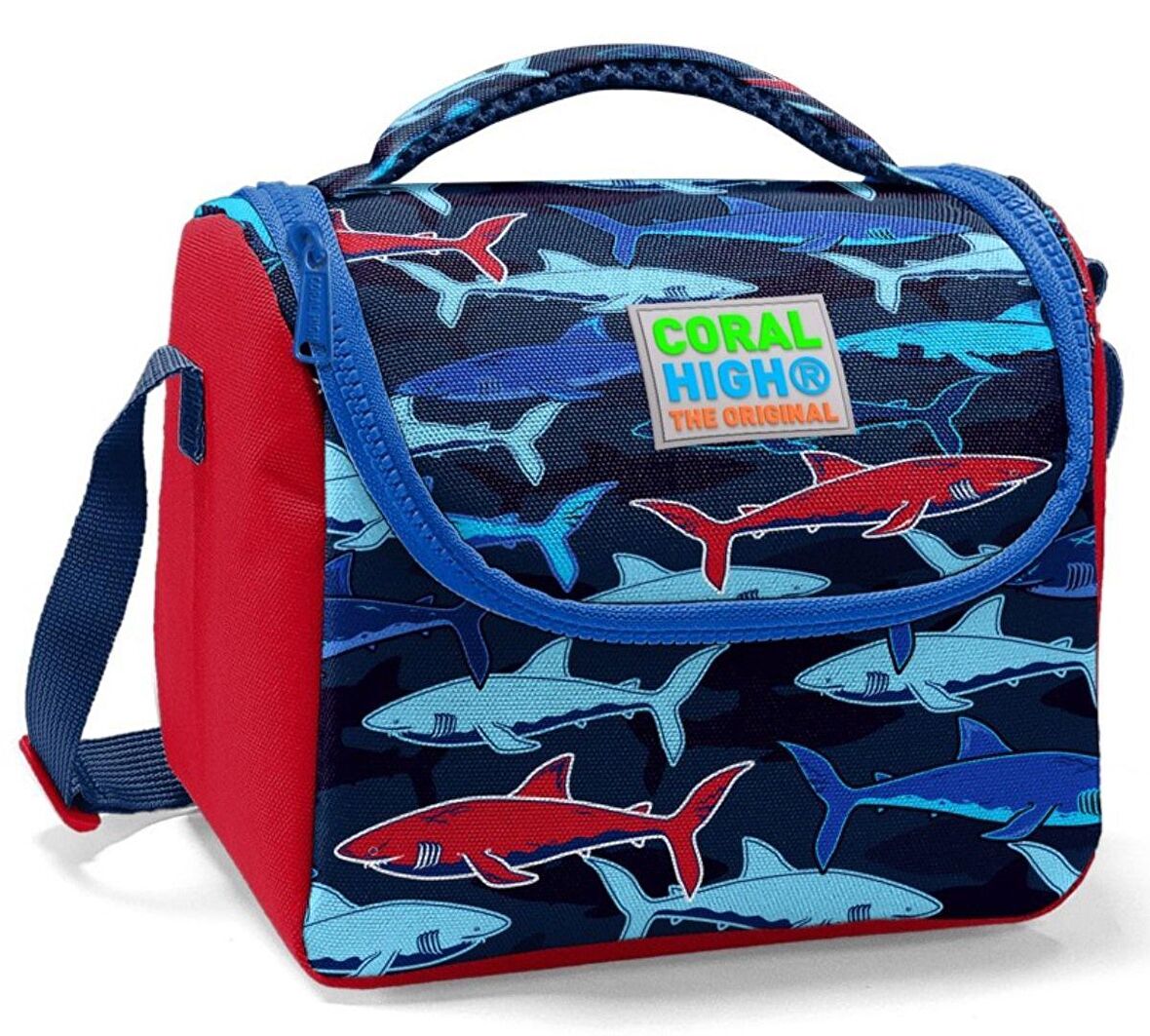 Coral High Erkek Çocuk Okul Beslenme Çantası - Isı Yalıtımlı Lacivert Kırmızı Köpekbalığı Baskılı