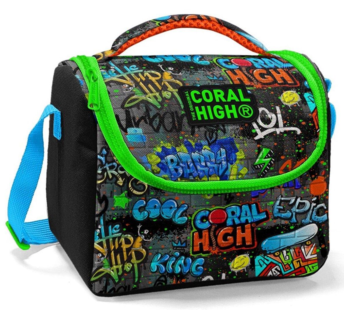 Coral High Erkek Çocuk Siyah Yeşil Grafiti İlkokul Okul Beslenme Çantası - Yalıtımlı