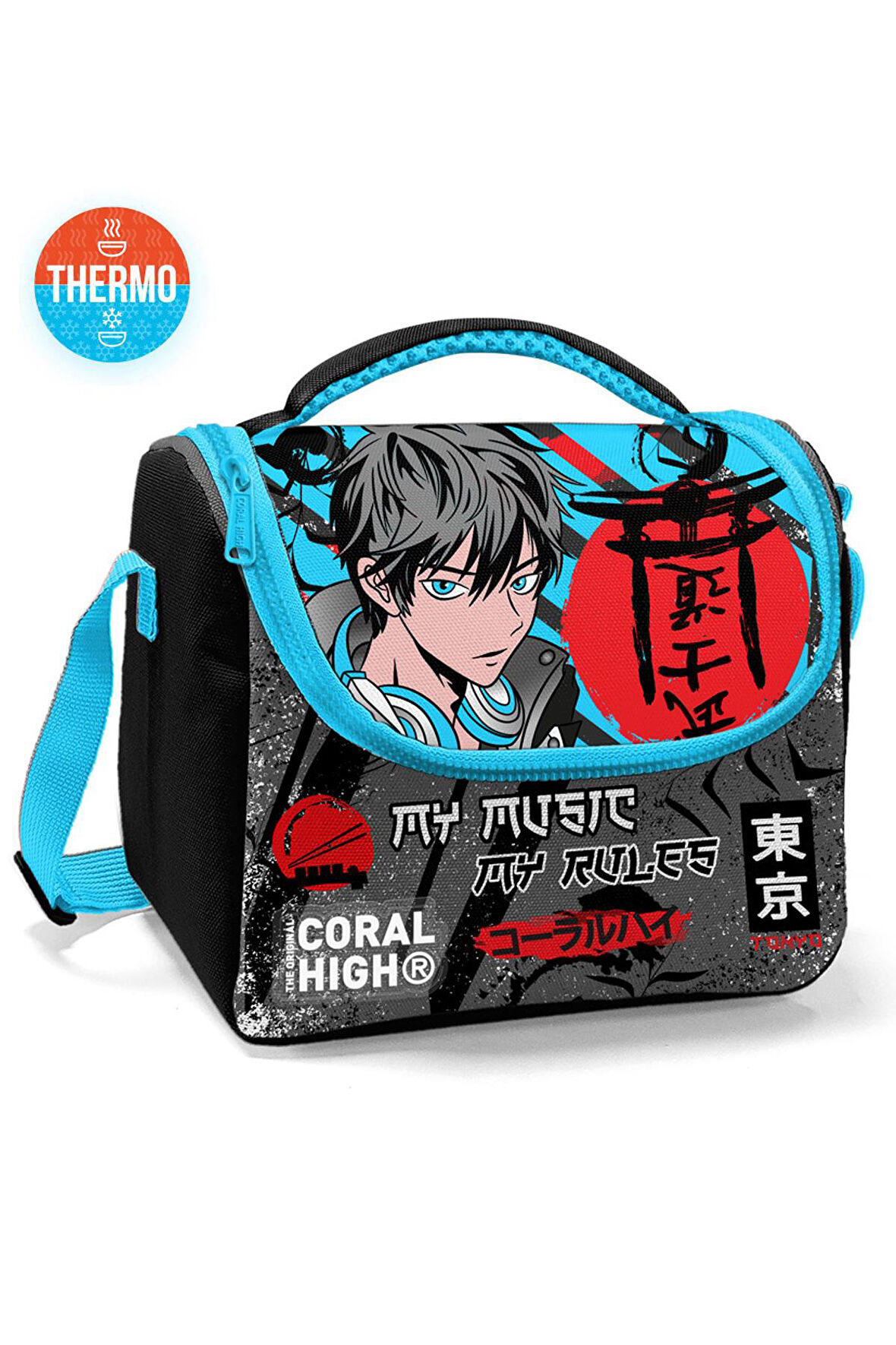 Coral High Kids Siyah Mavi Anime Desenli Thermo Beslenme Çantası 11876