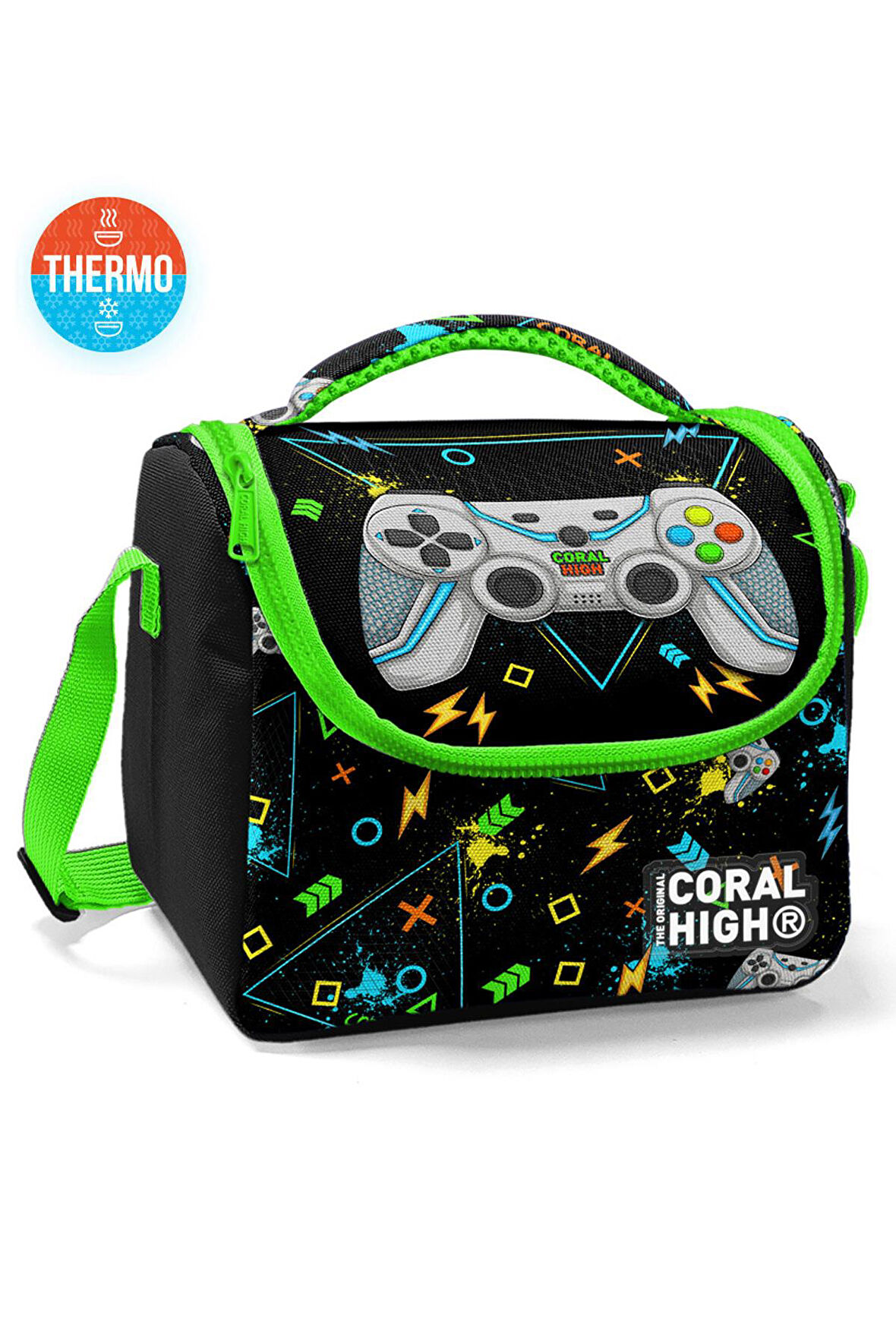 Coral High Kids Siyah Fosforlu Yeşil Gamer Desenli Thermo Beslenme Çantası 11887