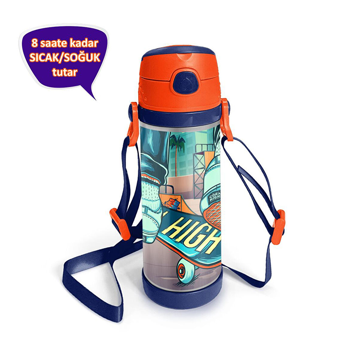 Coral High Kids Civit Neon Turuncu Kaykay Desenli Pipetli Çelik Termos 500 ml 11923