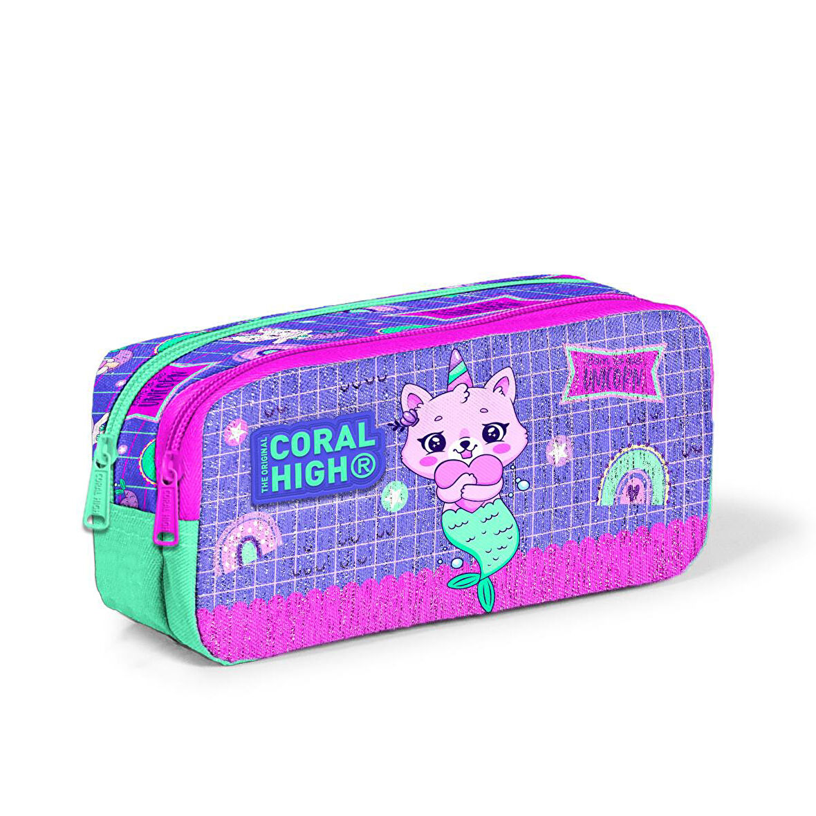 Coral High Kids Su Yeşili Lavanta Unicorn Kedi Desenli İki Bölmeli Kalem Çantası 12051