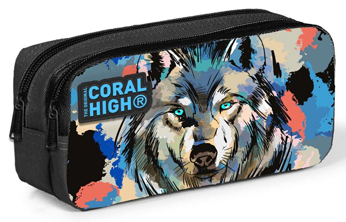 Coral High İki Bölmeli Erkek Çocuk Siyah Kurt Kalem Çantası Kalemlik