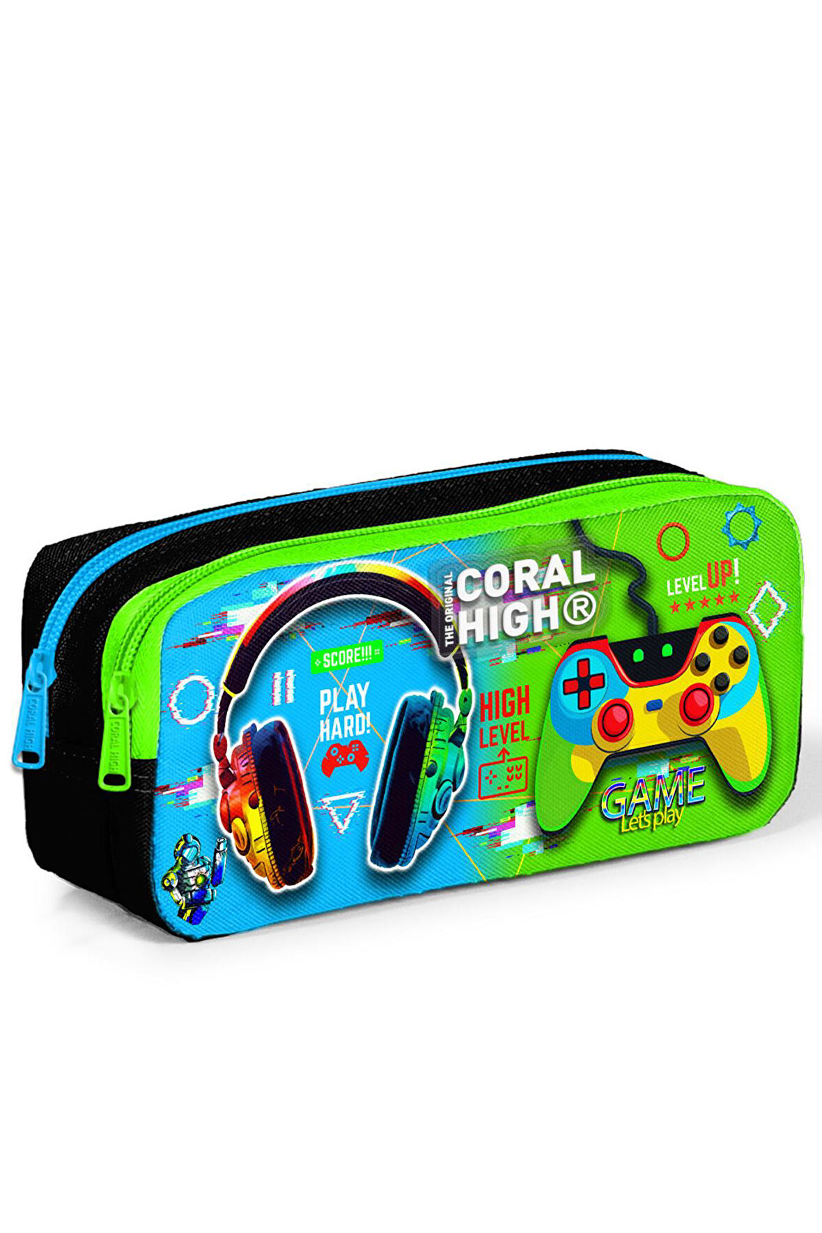 Coral High Kids Siyah Fosforlu Yeşil Kulaklık Game Desenli İki Bölmeli Kalem Çantası 12077