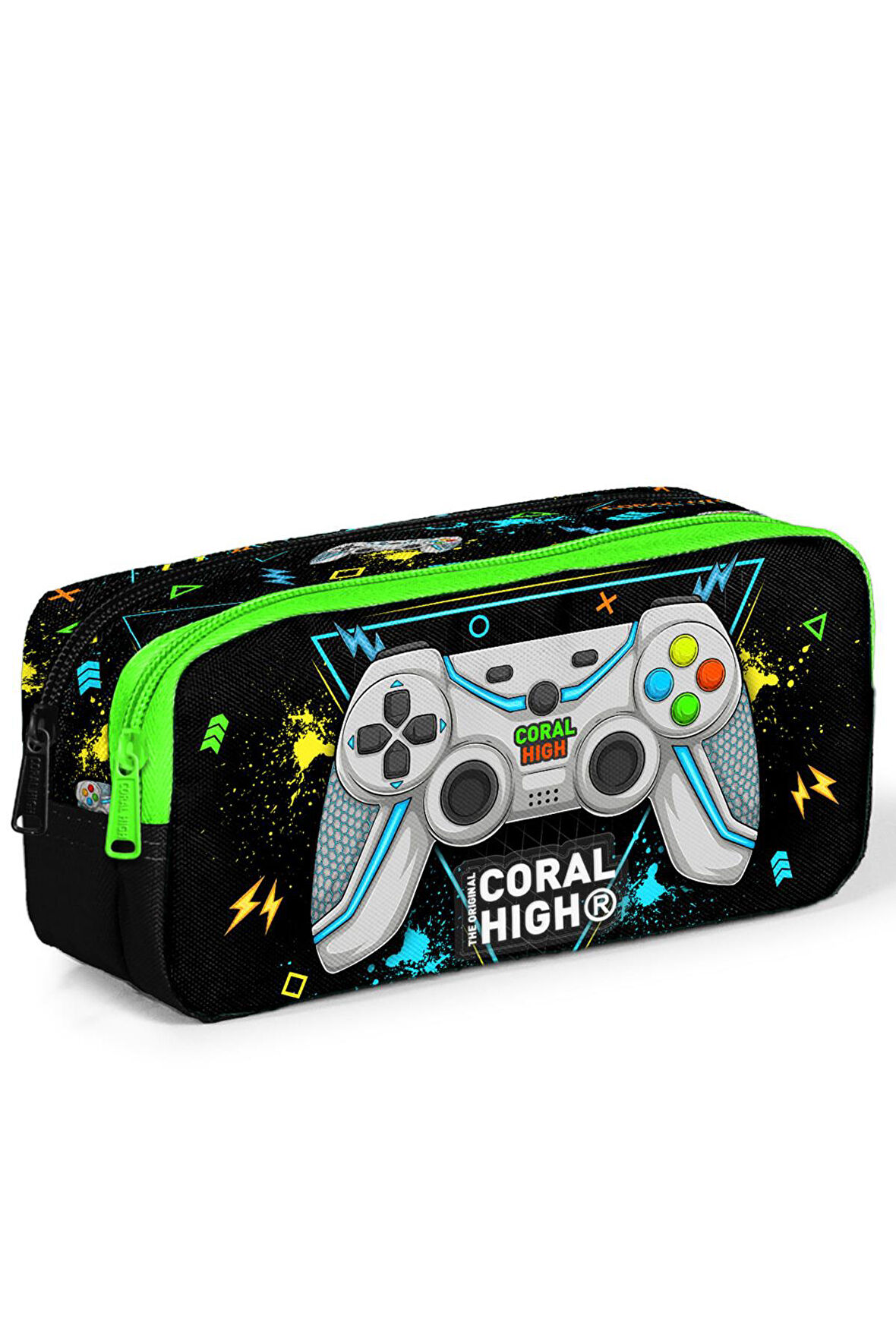 Coral High Kids Siyah Fosforlu Yeşil Gamer Desenli İki Bölmeli Kalem Çantası 12087