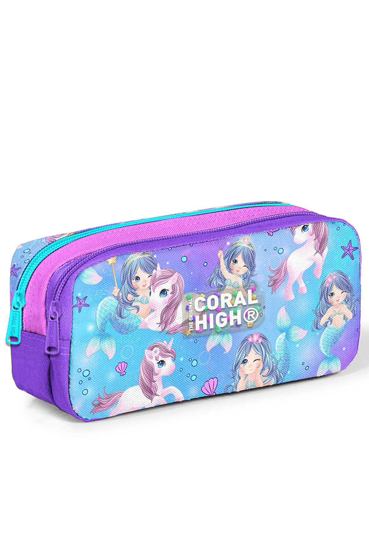 Coral High Kids Mor Pembe Unicorn Deniz Kızı Desenli İki Bölmeli Kalem Çantası 12090