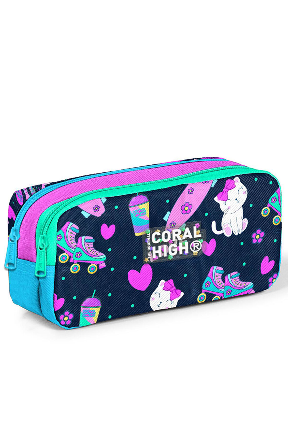 Coral High Kids Lacivert Pembe Kedili Paten Desenli İki Bölmeli Kalem Çantası 12091
