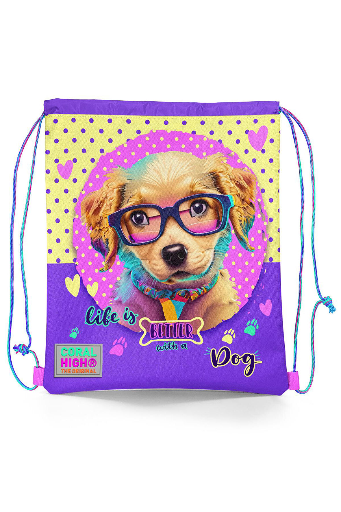 Coral High Kids Sarı Pembe Sevimli Köpek Desenli İpli Büzgülü Sırt Çantası 12646