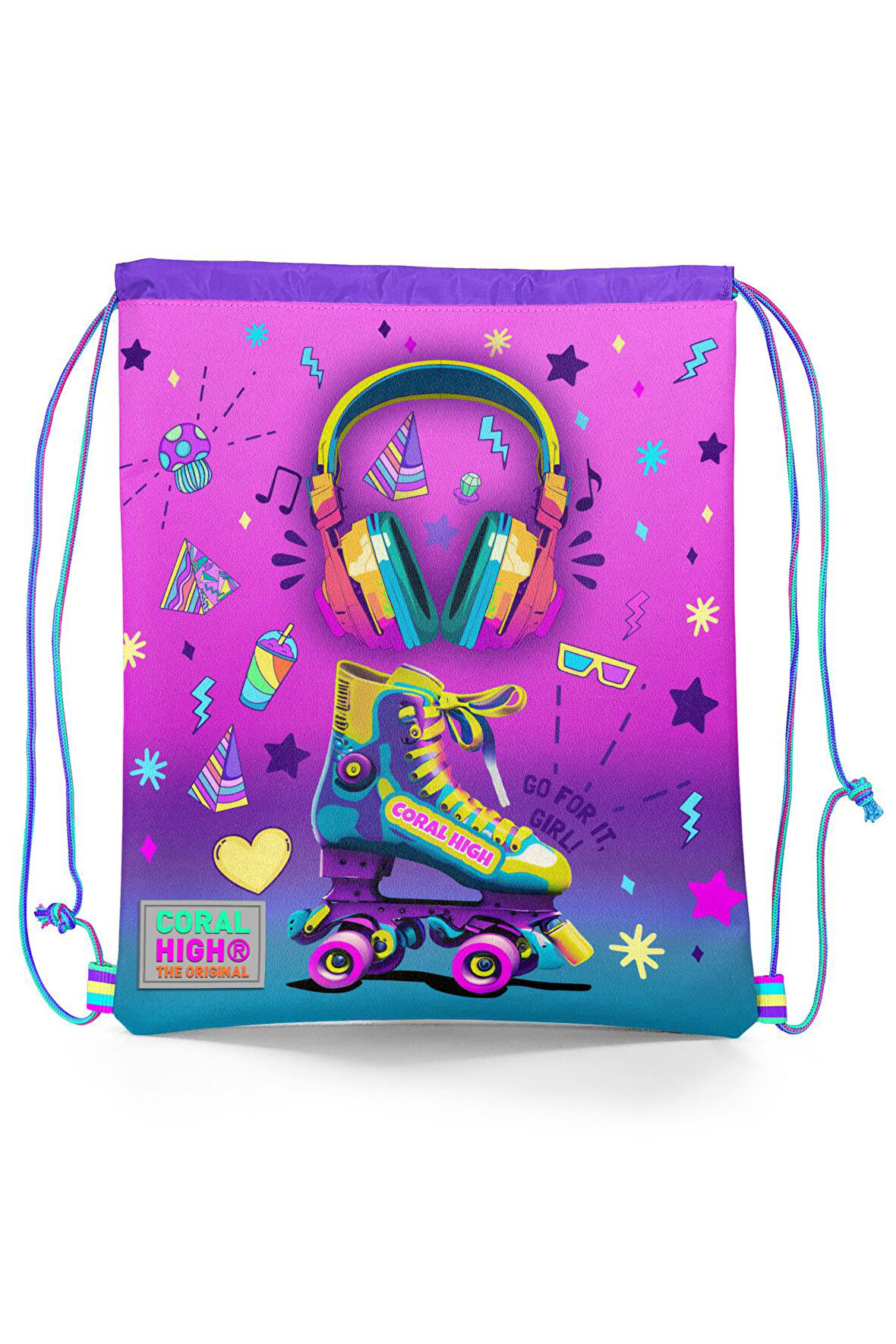 Coral High Kids Pembe Turkuaz Kulaklık Paten Desenli İpli Büzgülü Sırt Çantası 12647