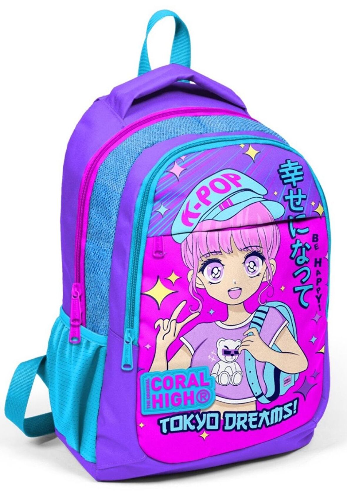 Coral High Mor Pembe Mavi K-Pop İlkokul ve Ortaokul Sırt Çantası Üç Bölmeli Kız Çocuk