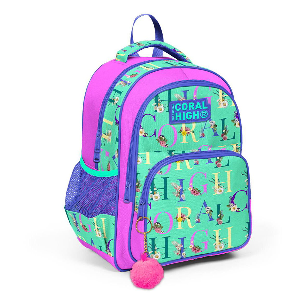 Coral High Kids Su Yeşili Açık Pembe Monogram Desenli Üç Bölmeli Okul Sırt Çantası 14410