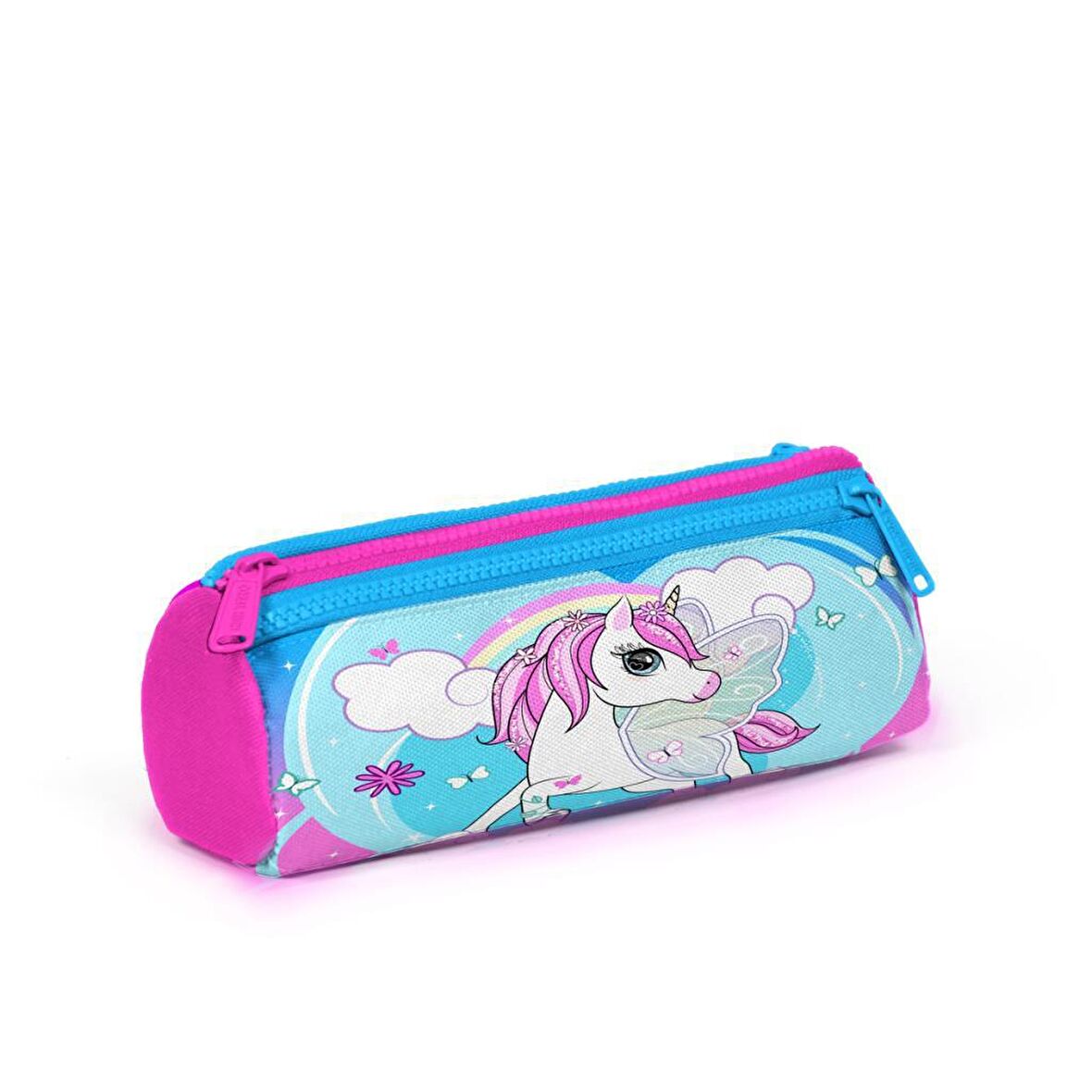 Mavi-Pembe Unicorn Desenli Üç Bölmeli Kız Çocuk Kalemkutu