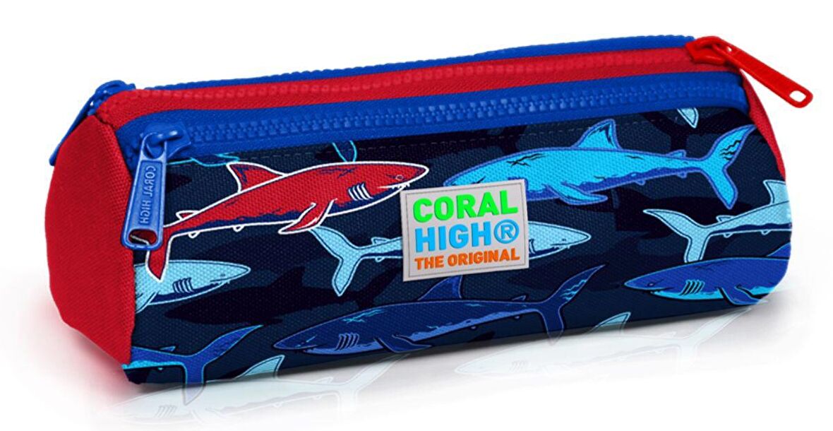 Coral High Mavi-Kırmızı Köpekbalığı Baskılı Üç Bölmeli Kalem Çantası -Erkek Çocuk