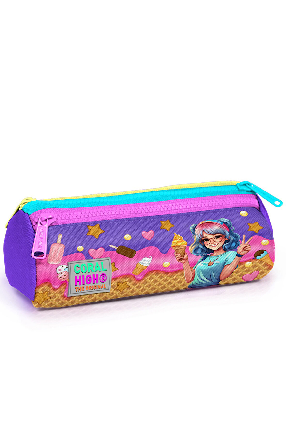 Coral High Kids Lila Turkuaz Dondurma ve Anime Desenli Üç Bölmeli Kalem Çantası 22089